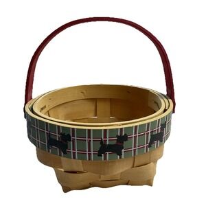 Small Black Scottie Westie Dog Treat Basket Weaved‎ Wicker Red Handle Plaid Band